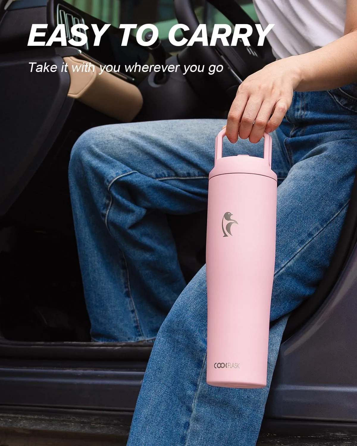Coolflask Slima - 40oz Insulated Water Bottle | Stainless Steel Tumblers with Straw & Handle | Fits Car Cup Holder | Leakproof Jug for Sports, Gym, Travel, Outdoors | Dishwasher Safe, Pink