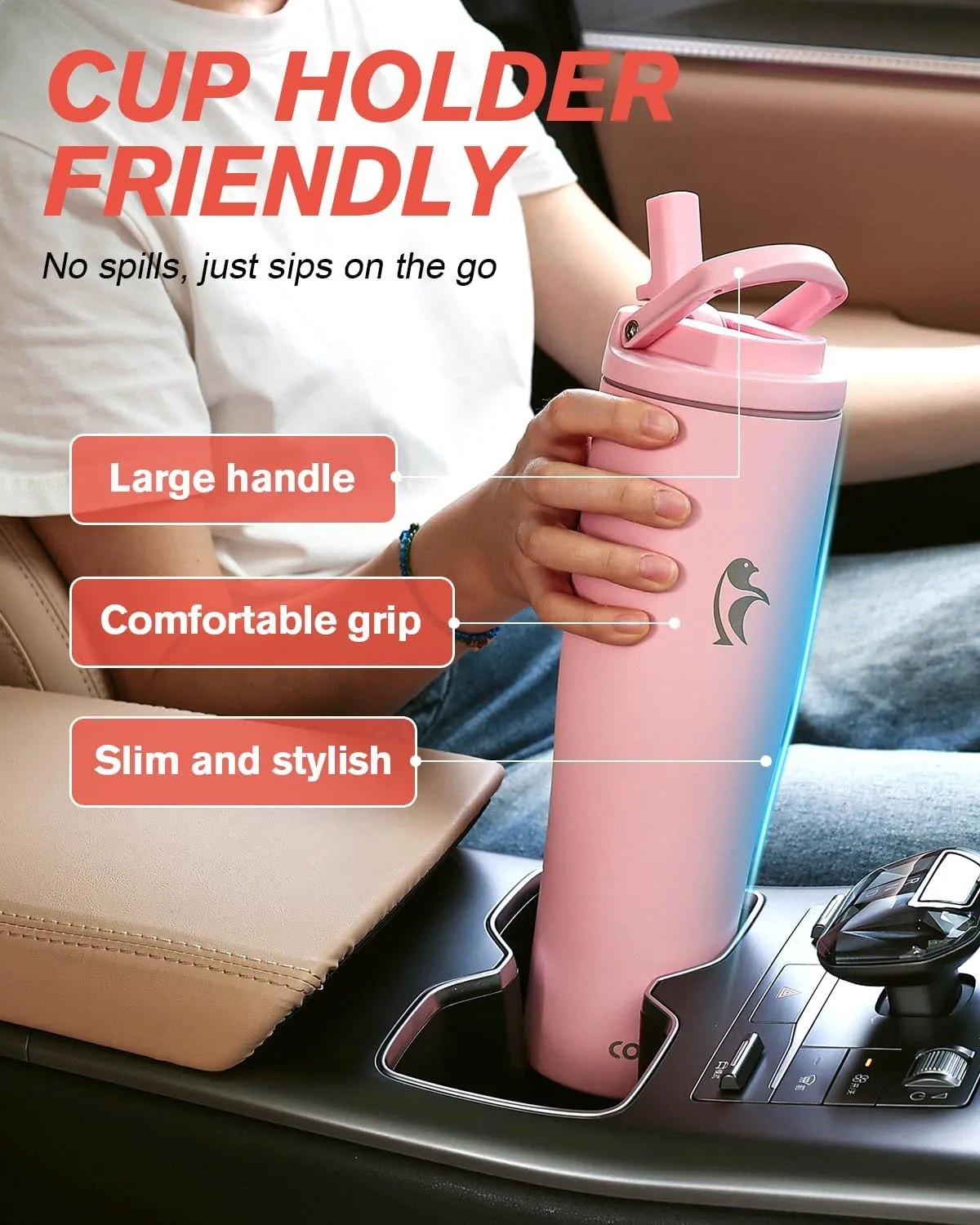 Coolflask Slima - 40oz Insulated Water Bottle | Stainless Steel Tumblers with Straw & Handle | Fits Car Cup Holder | Leakproof Jug for Sports, Gym, Travel, Outdoors | Dishwasher Safe, Pink