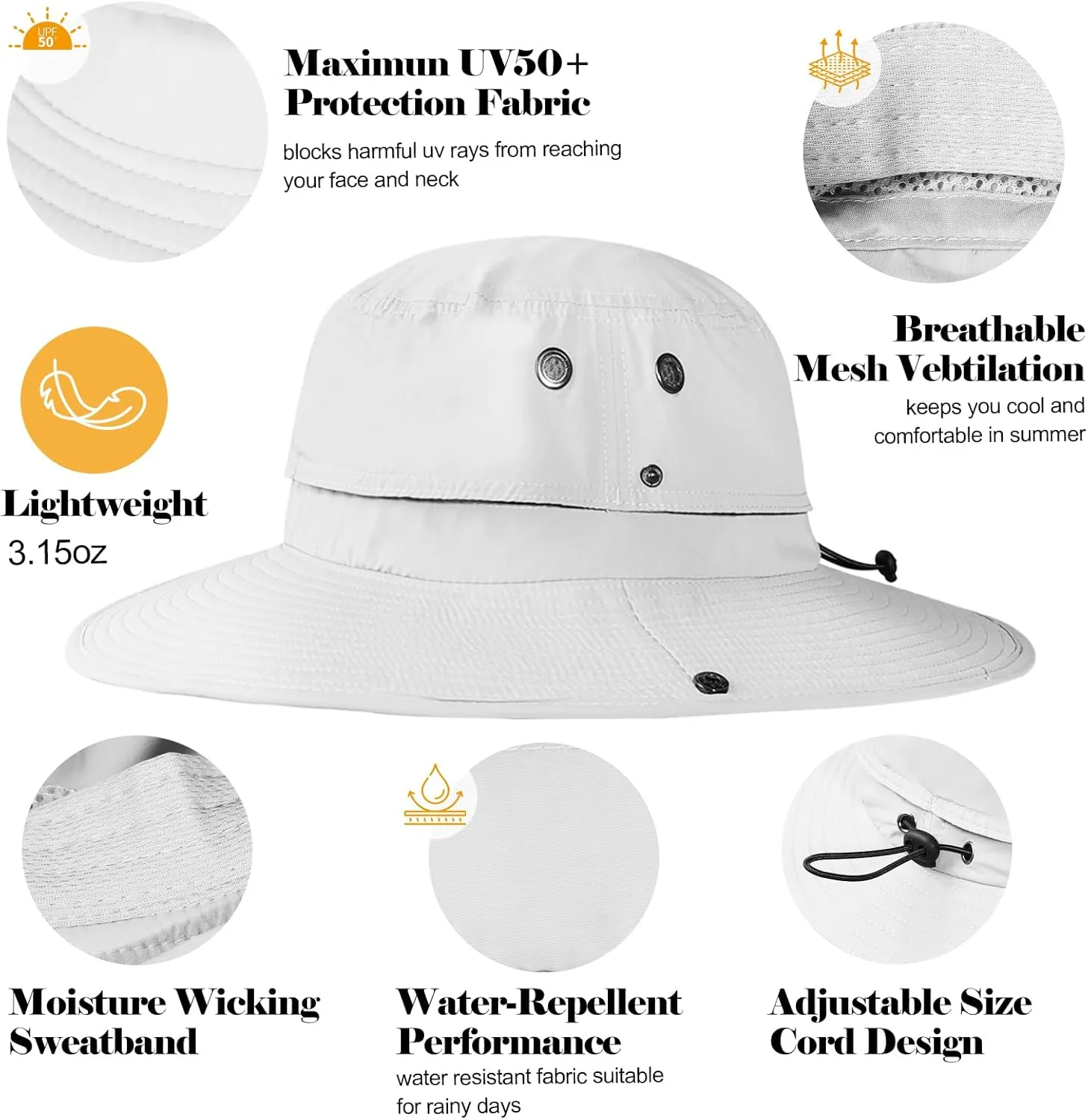 Cooling Bucket Hat UPF 50  Wide Brim Sun Hat for Women Men Lightweight Foldable Summer Hiking Fishing Hat Detachable Strap