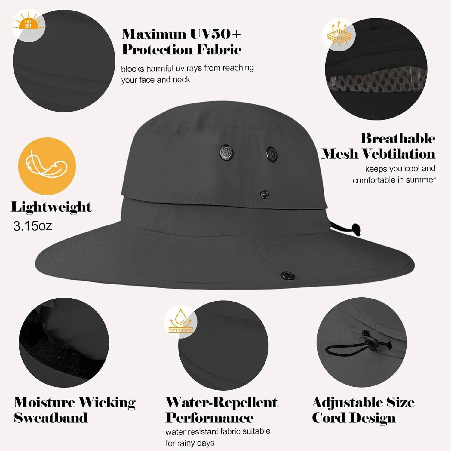 Cooling Bucket Hat UPF 50  Wide Brim Sun Hat for Women Men Lightweight Foldable Summer Hiking Fishing Hat Detachable Strap