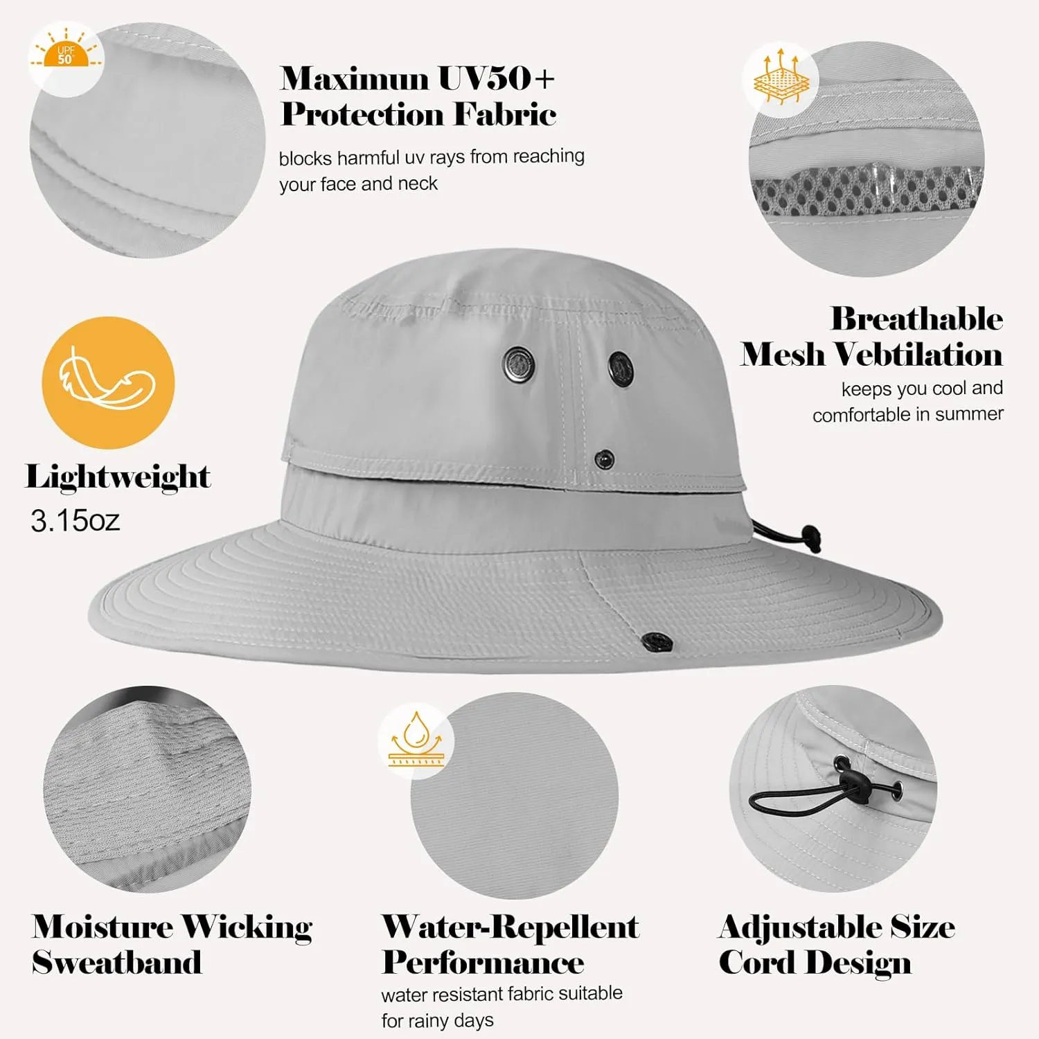 Cooling Bucket Hat UPF 50  Wide Brim Sun Hat for Women Men Lightweight Foldable Summer Hiking Fishing Hat Detachable Strap
