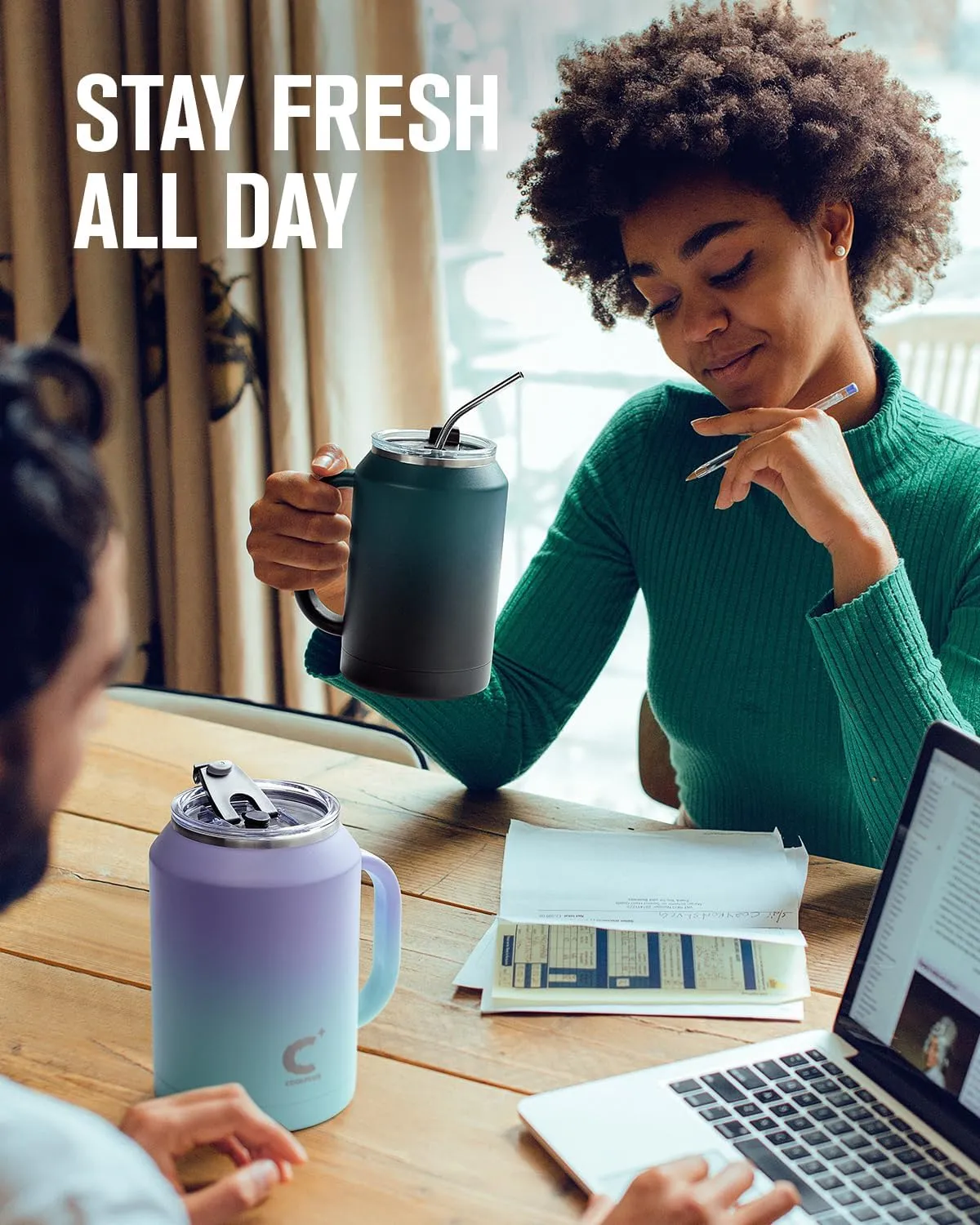 Coolplus 50 oz Mug Tumbler with Handle and Straw, Large Stainless Steel Travel Insulated Water Cup with 2-in-1 Lid, Double Wall Metal Keep Cold 36 hrs, Sweet Proof BPA-Free,Purple Blue
