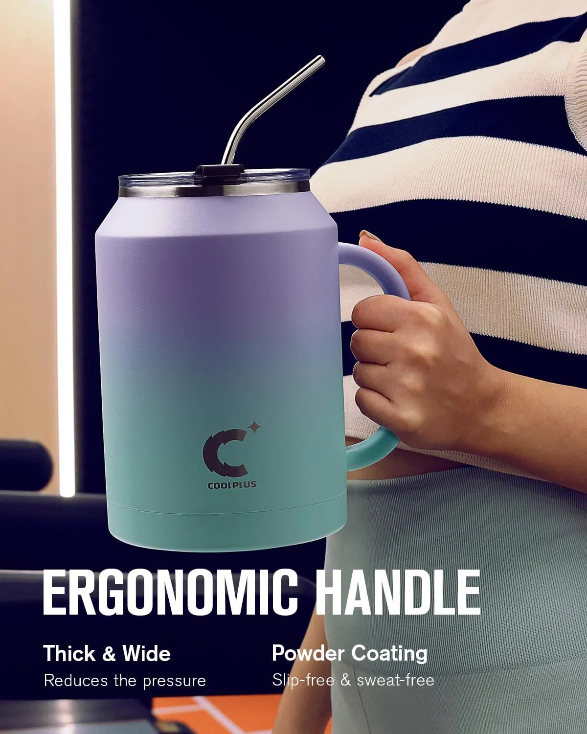Coolplus 50 oz Mug Tumbler with Handle and Straw, Large Stainless Steel Travel Insulated Water Cup with 2-in-1 Lid, Double Wall Metal Keep Cold 36 hrs, Sweet Proof BPA-Free,Purple Blue