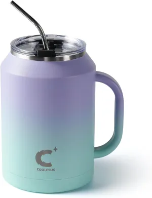 Coolplus 50 oz Mug Tumbler with Handle and Straw, Large Stainless Steel Travel Insulated Water Cup with 2-in-1 Lid, Double Wall Metal Keep Cold 36 hrs, Sweet Proof BPA-Free,Purple Blue