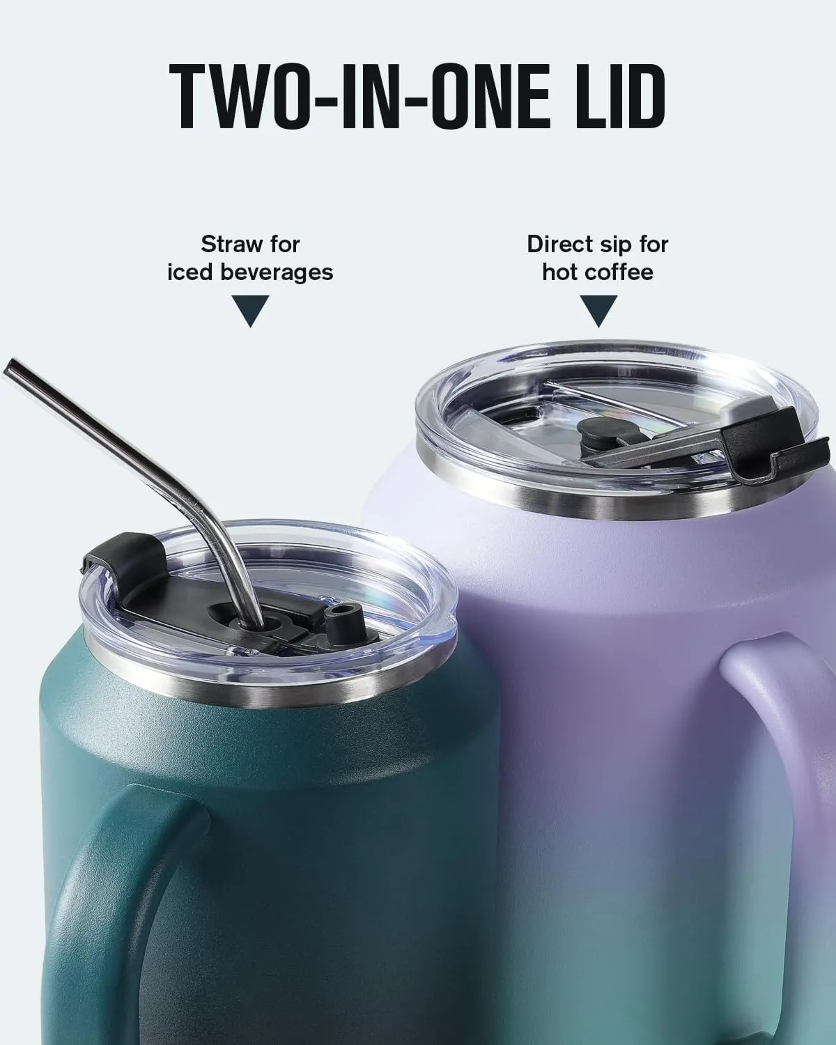 Coolplus 50 oz Mug Tumbler with Handle and Straw, Large Stainless Steel Travel Insulated Water Cup with 2-in-1 Lid, Double Wall Metal Keep Cold 36 hrs, Sweet Proof BPA-Free,Purple Blue