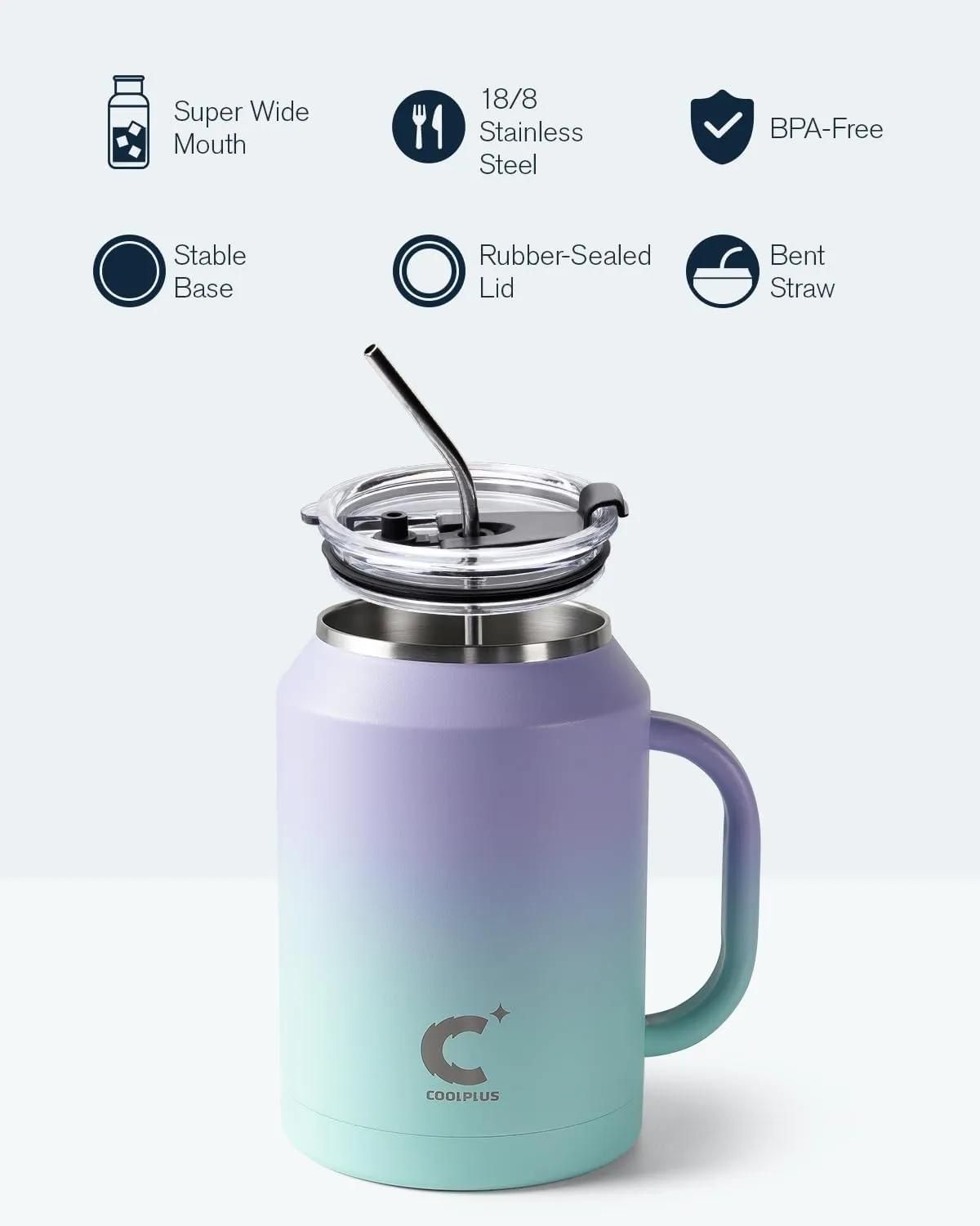 Coolplus 50 oz Mug Tumbler with Handle and Straw, Large Stainless Steel Travel Insulated Water Cup with 2-in-1 Lid, Double Wall Metal Keep Cold 36 hrs, Sweet Proof BPA-Free,Purple Blue