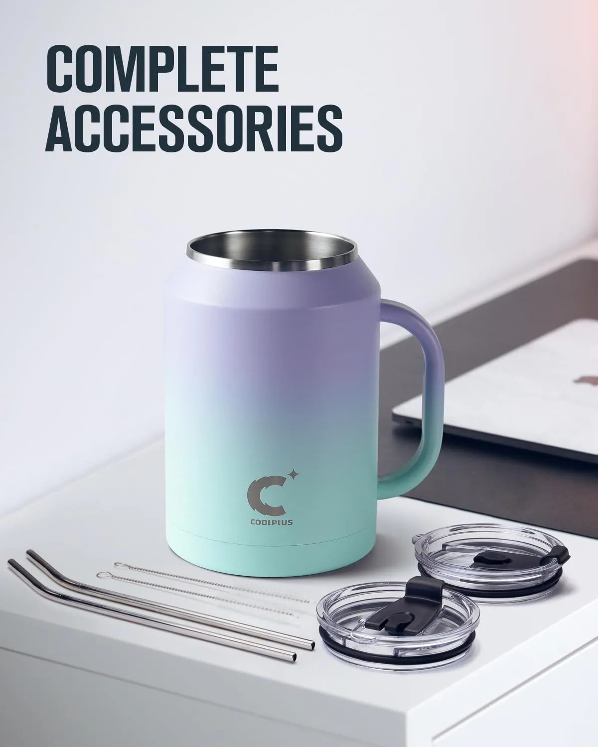 Coolplus 50 oz Mug Tumbler with Handle and Straw, Large Stainless Steel Travel Insulated Water Cup with 2-in-1 Lid, Double Wall Metal Keep Cold 36 hrs, Sweet Proof BPA-Free,Purple Blue
