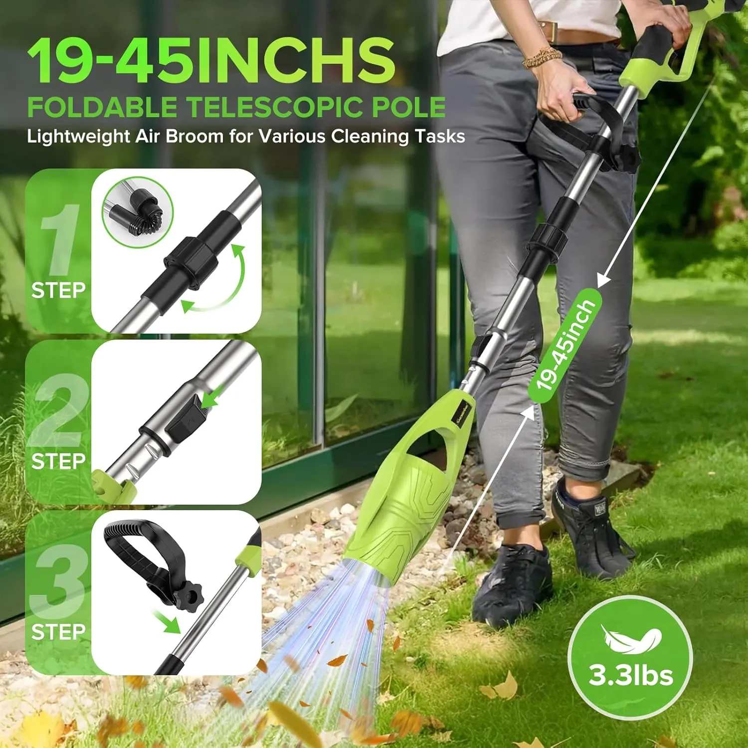 Cordless Leaf Blower,400000RPM Handheld Air Duster with Adjustable Pole,21V Max 4.0Ah*2 Batteries and Charger,Lightweight Air Broom for Easy Debris Removal,Lawn Care and Yard Cleaning,etc. (Green)