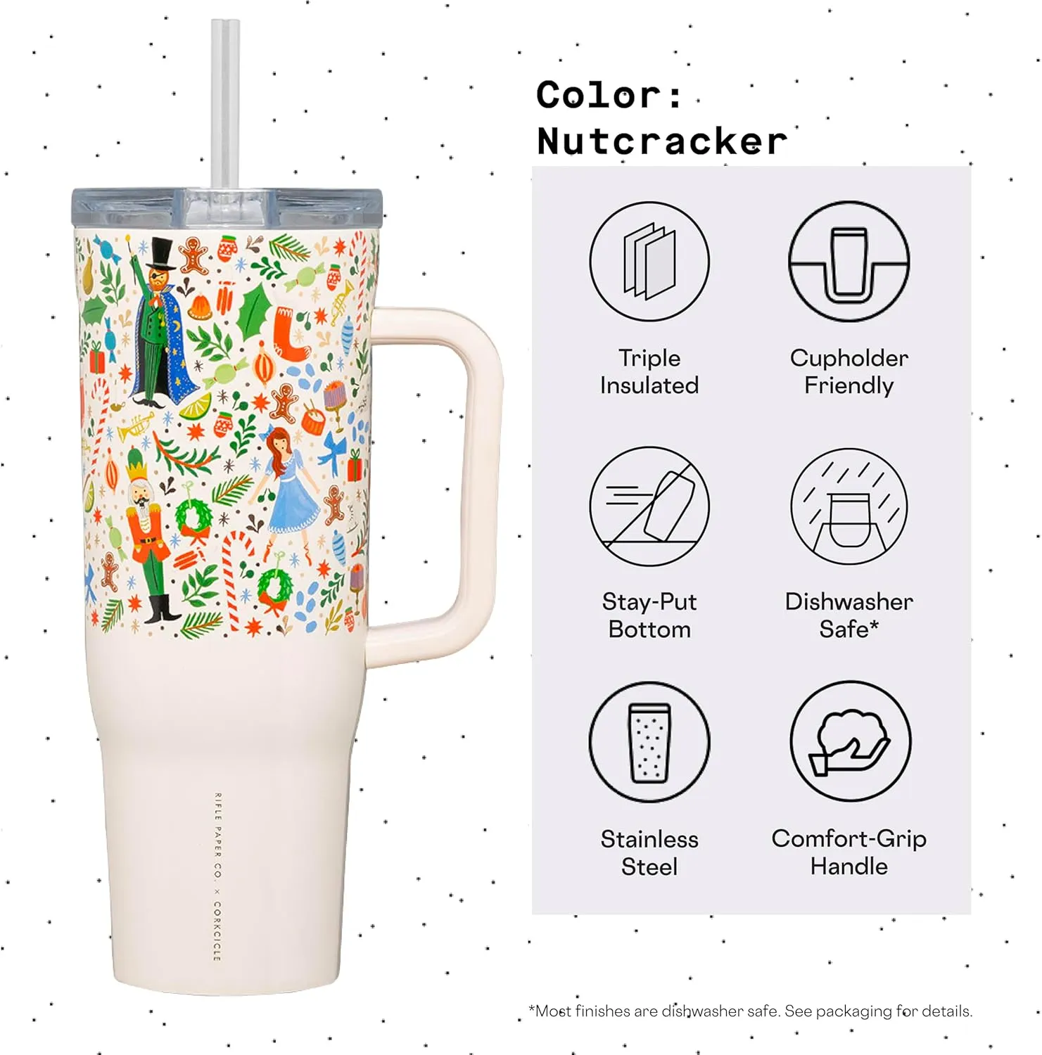 Corkcicle x Rifle Paper Co. Nutcracker Ballet Cruiser Insulated Tumbler with Handle and Straw, 40 oz – Reusable Water Bottle Keeps Beverages Cold 20hrs, Hot 9hrs – Cupholder Friendly, Spill Proof