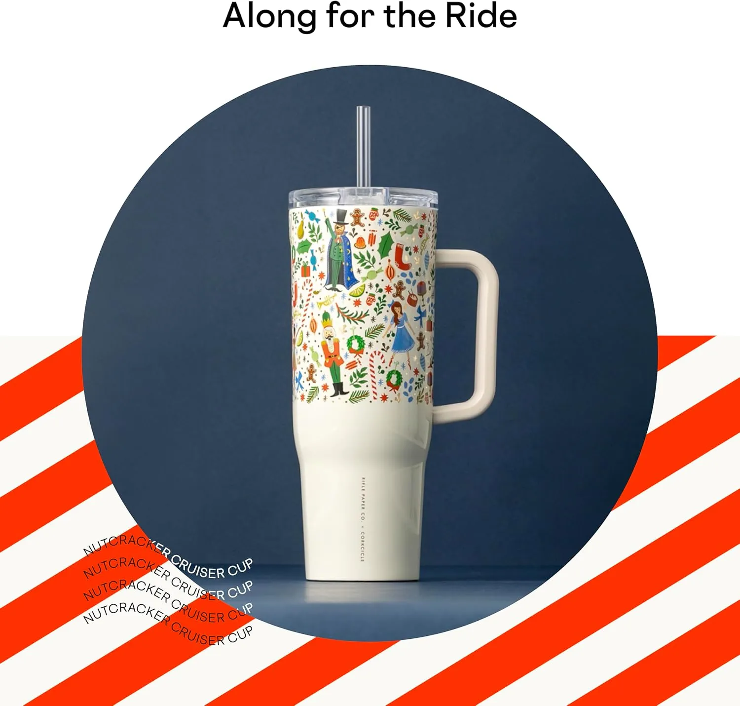 Corkcicle x Rifle Paper Co. Nutcracker Ballet Cruiser Insulated Tumbler with Handle and Straw, 40 oz – Reusable Water Bottle Keeps Beverages Cold 20hrs, Hot 9hrs – Cupholder Friendly, Spill Proof