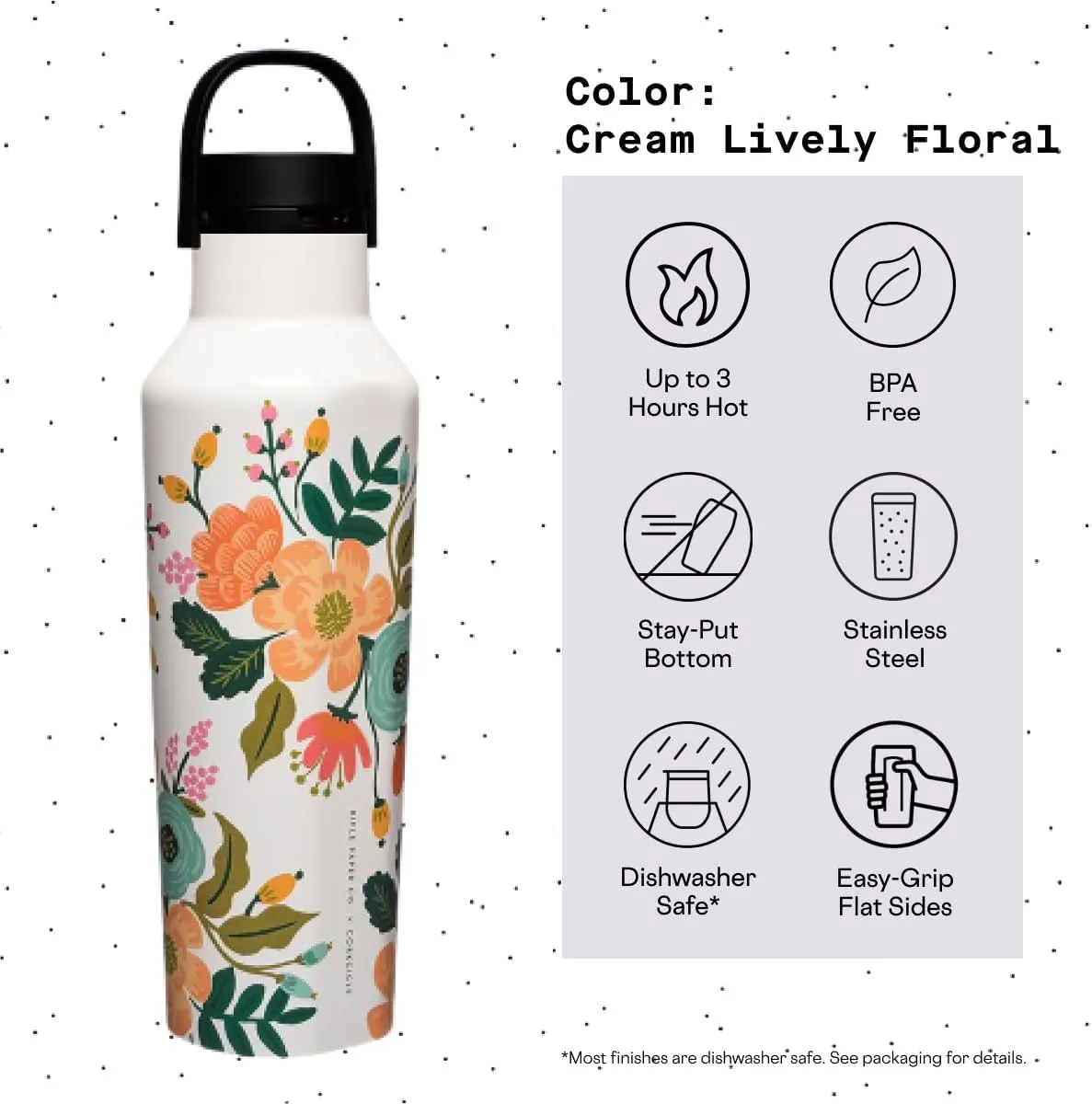 Corkcicle x Rifle Paper Co. Sport Canteen Insulated Tumbler, Cream Lively Floral, 20 oz – Reusable Water Bottle Keeps Beverages Cold for 25hrs, Hot 12hrs – Cupholder Friendly Tumbler with Screw-On Cap