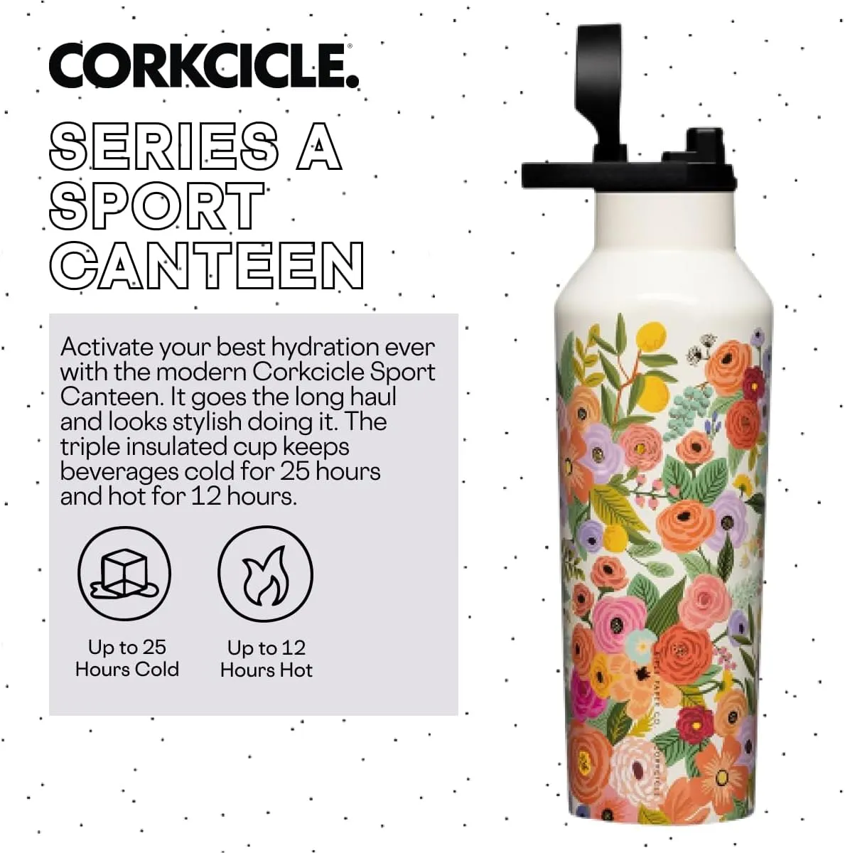 Corkcicle x Rifle Paper Co. Sport Canteen Insulated Tumbler, Garden Party Cream, 20 oz – Reusable Water Bottle Keeps Beverages Cold for 25hrs, Hot 12hrs – Cupholder Friendly Tumbler with Screw-On Cap