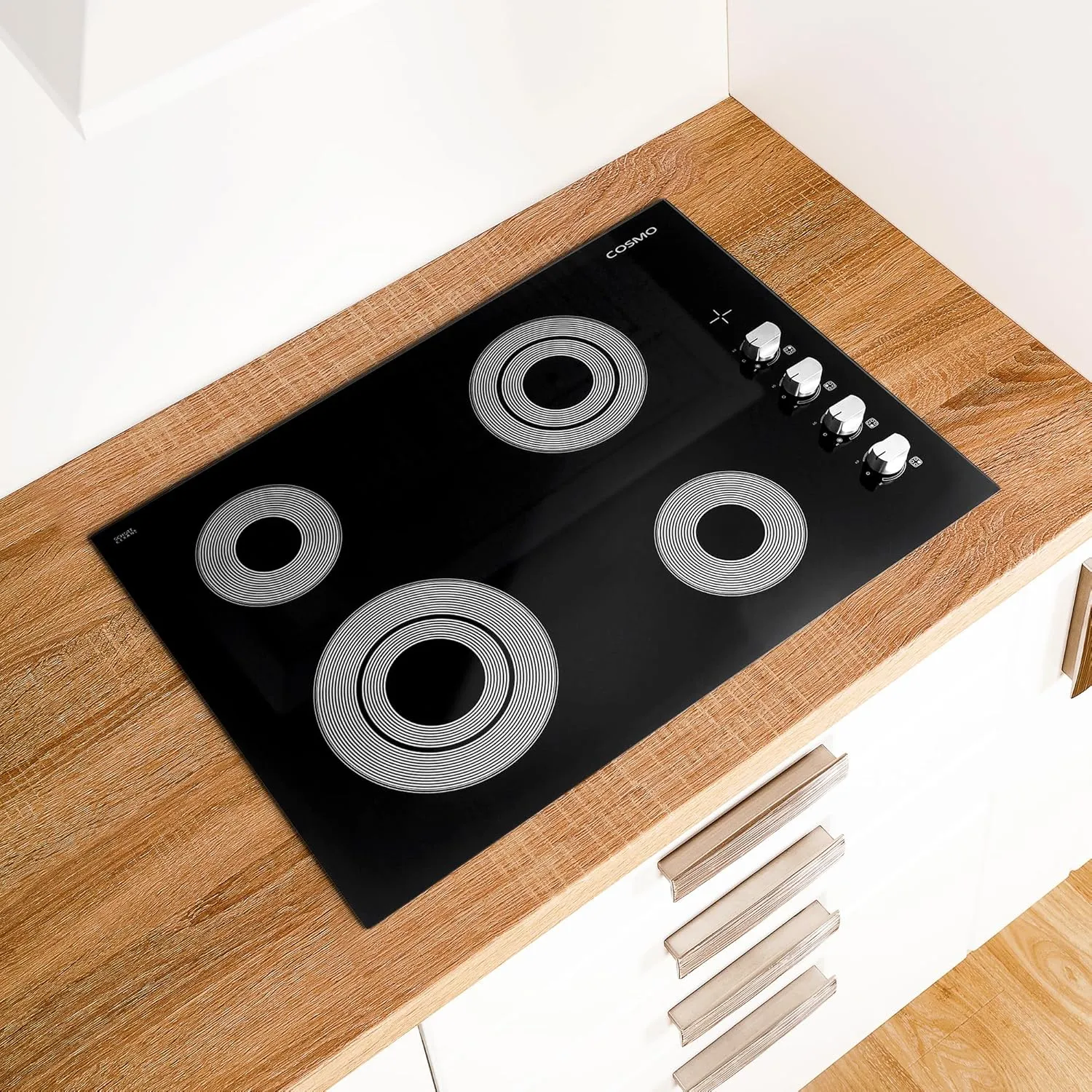 COSMO COS-304ECC Electric Ceramic Glass Cooktop with 4 Burners, Dual Zone Element, Hot Surface Indicator Light and Control Knobs, 30 inches, Black