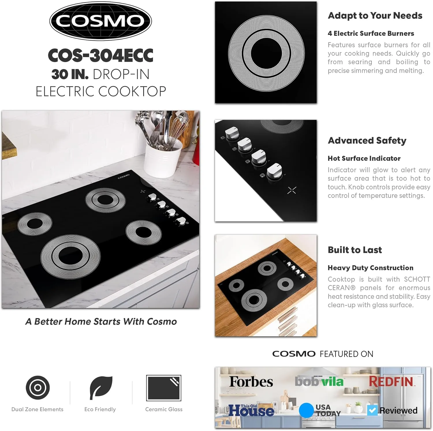 COSMO COS-304ECC Electric Ceramic Glass Cooktop with 4 Burners, Dual Zone Element, Hot Surface Indicator Light and Control Knobs, 30 inches, Black