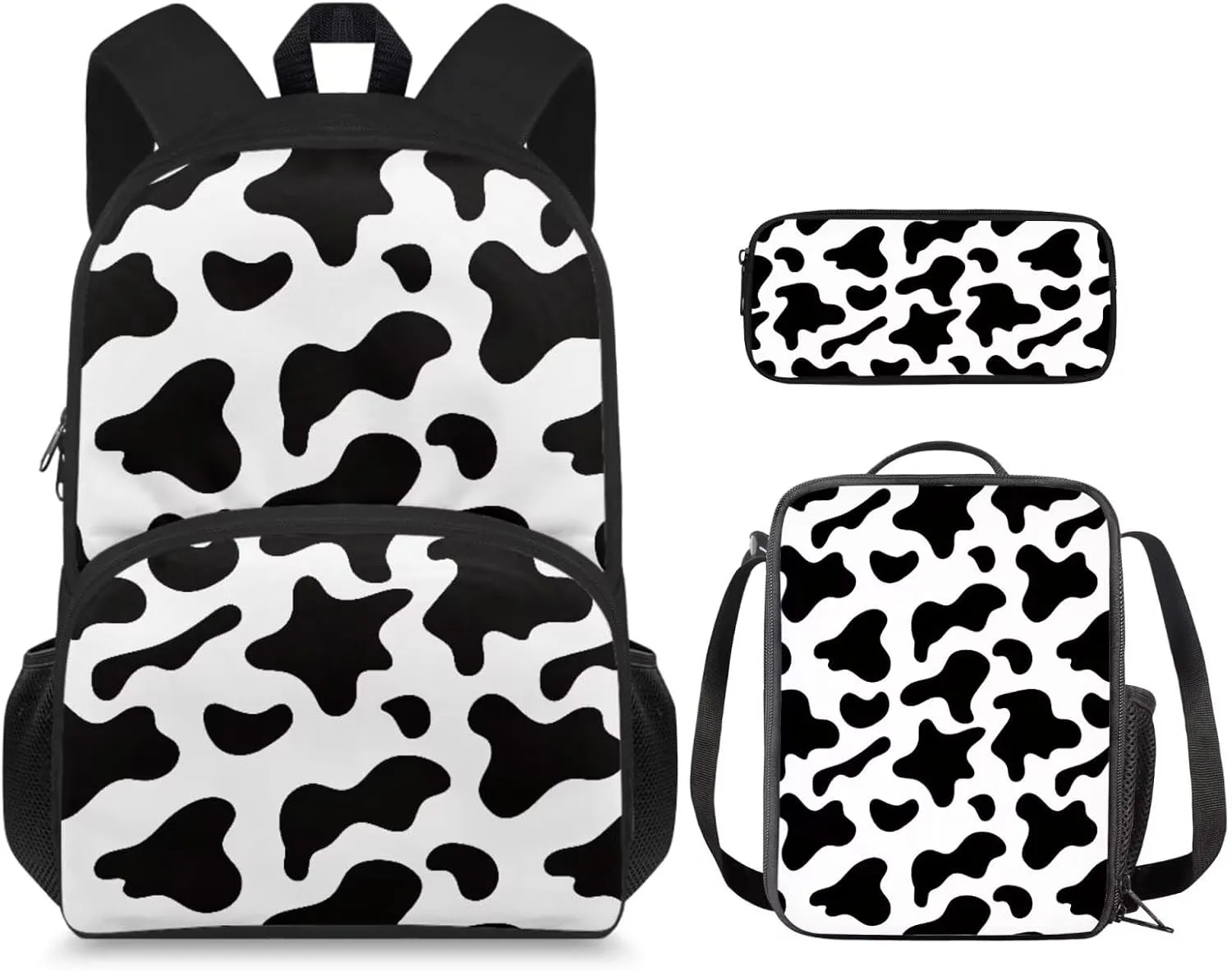 Cow Print Kids Backpack for Boys 8-12 School Backpack Set 3 in 1 Lightweight Causal Rucksack Thermal Foldable Lunch Box Pencil Case Set for Travel Work Office Climbing School