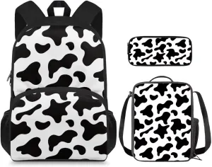 Cow Print Kids Backpack for Boys 8-12 School Backpack Set 3 in 1 Lightweight Causal Rucksack Thermal Foldable Lunch Box Pencil Case Set for Travel Work Office Climbing School