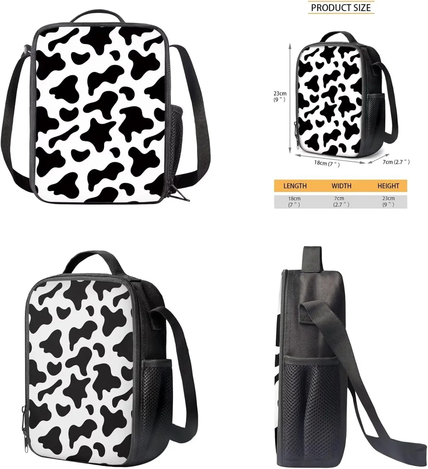 Cow Print Kids Backpack for Boys 8-12 School Backpack Set 3 in 1 Lightweight Causal Rucksack Thermal Foldable Lunch Box Pencil Case Set for Travel Work Office Climbing School