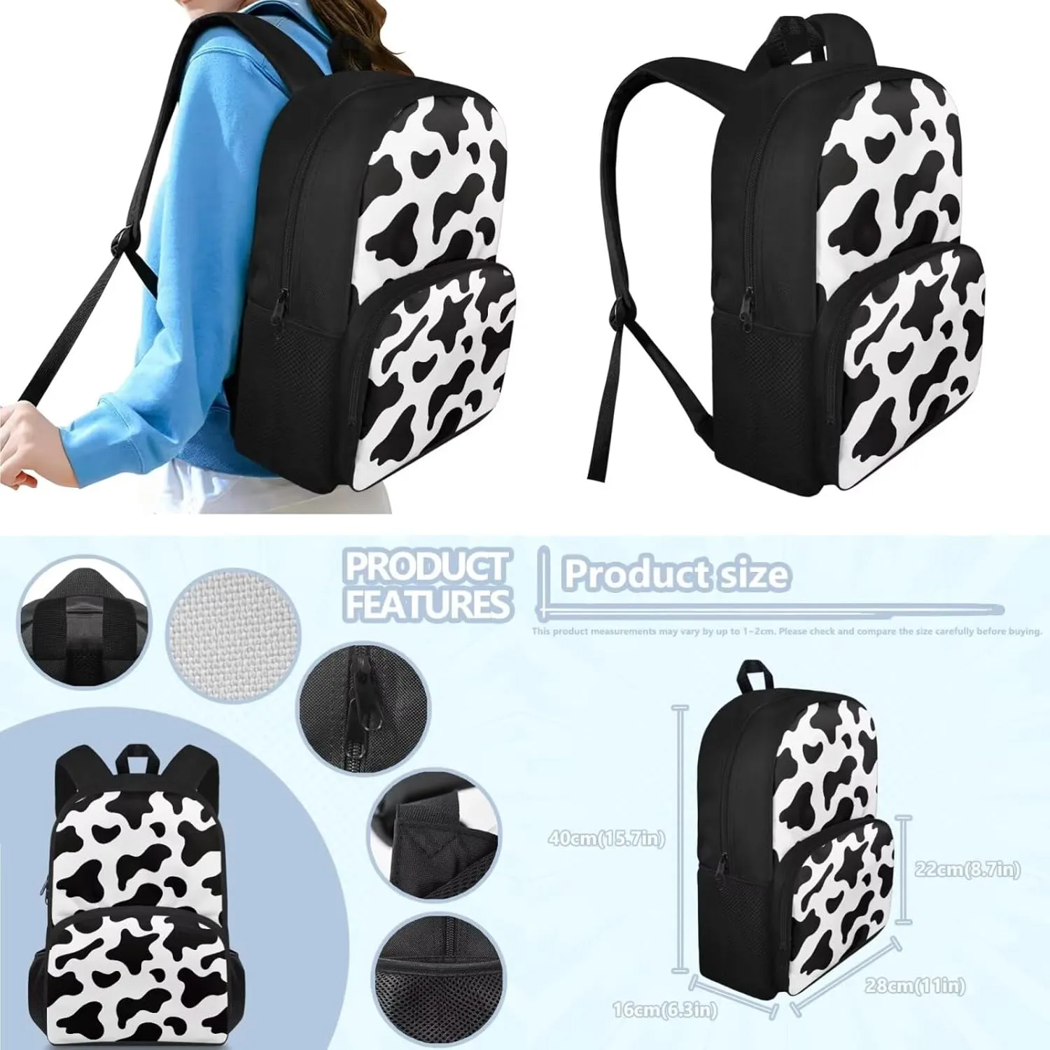 Cow Print Kids Backpack for Boys 8-12 School Backpack Set 3 in 1 Lightweight Causal Rucksack Thermal Foldable Lunch Box Pencil Case Set for Travel Work Office Climbing School