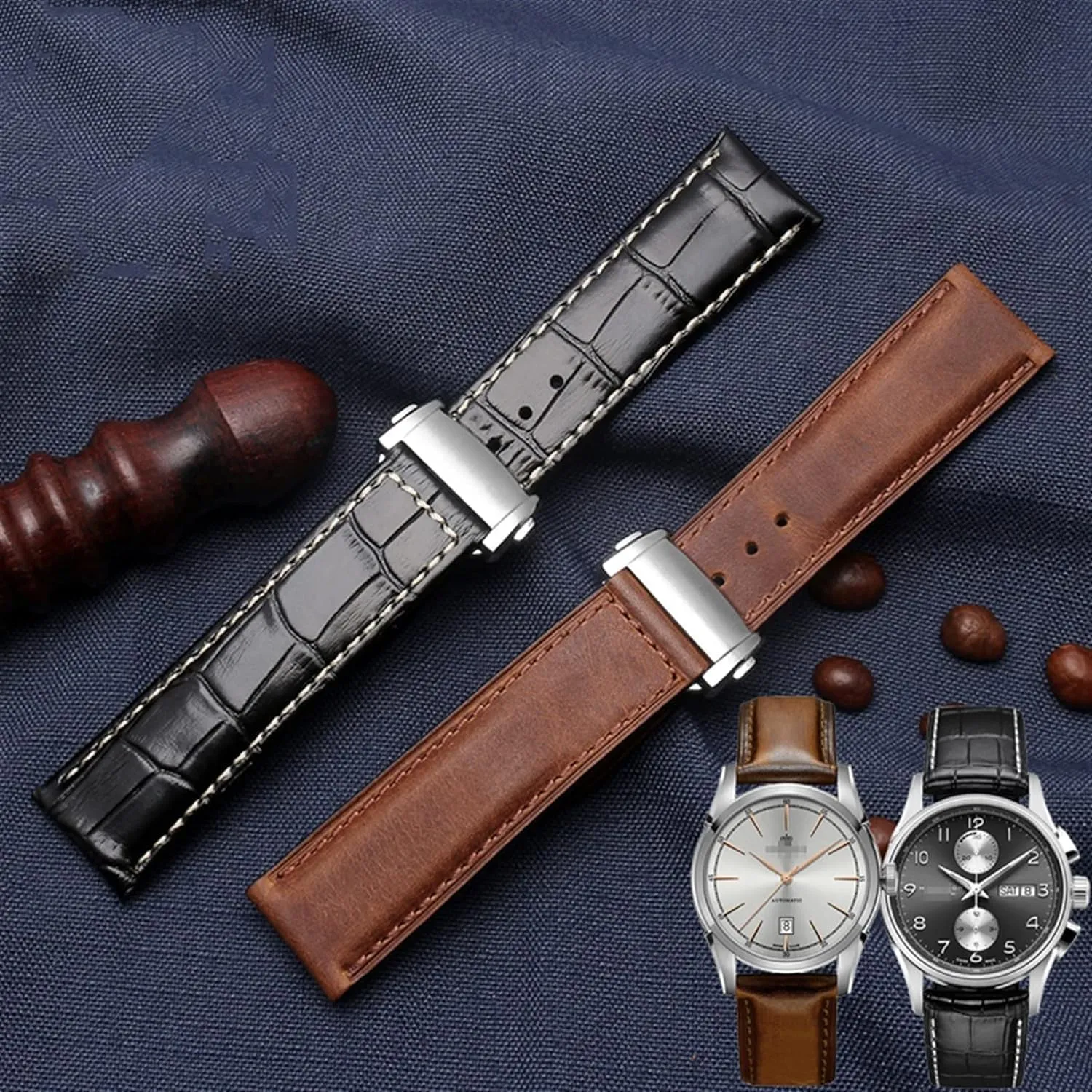 Cowhide Leather Watchband For Hamilton Khaki Aviation Classic Series Watch Strap With Folding Buckle Men Bracelet