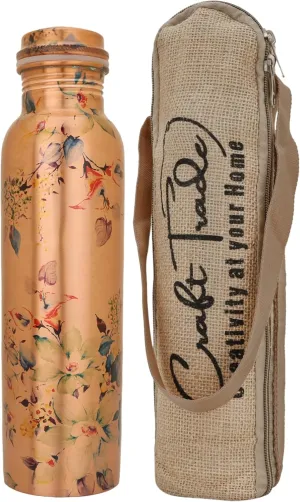 Craft Trade Floral Printed Pure Copper Bottle with Lid and Carry Bag for Drinking Water BPA Free Leak Proof Boosts Immunity, Supports Digestive & Liver Health, Ayurveda Inspired 34oz