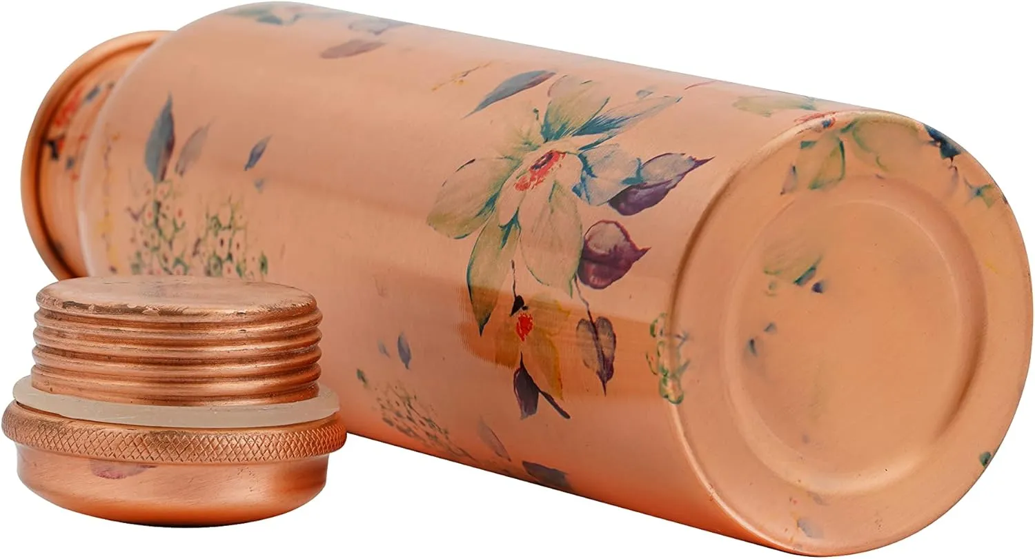 Craft Trade Floral Printed Pure Copper Bottle with Lid and Carry Bag for Drinking Water BPA Free Leak Proof Boosts Immunity, Supports Digestive & Liver Health, Ayurveda Inspired 34oz
