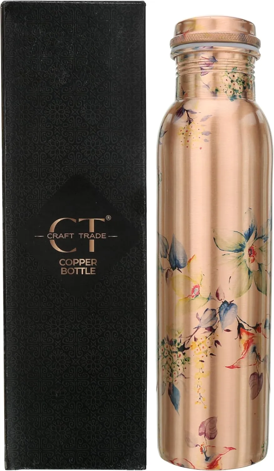Craft Trade Floral Printed Pure Copper Bottle with Lid and Carry Bag for Drinking Water BPA Free Leak Proof Boosts Immunity, Supports Digestive & Liver Health, Ayurveda Inspired 34oz