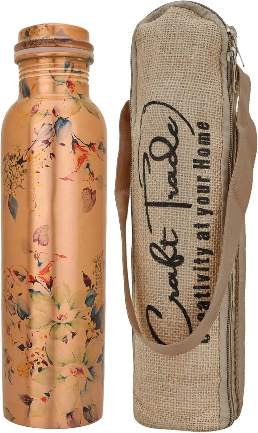 Craft Trade Floral Printed Pure Copper Bottle with Lid and Carry Bag for Drinking Water BPA Free Leak Proof Boosts Immunity, Supports Digestive & Liver Health, Ayurveda Inspired 34oz