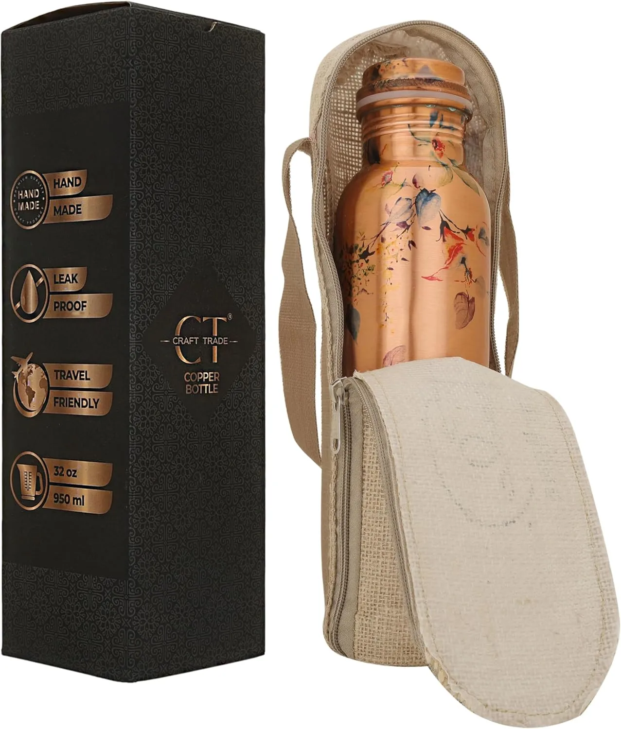 Craft Trade Floral Printed Pure Copper Bottle with Lid and Carry Bag for Drinking Water BPA Free Leak Proof Boosts Immunity, Supports Digestive & Liver Health, Ayurveda Inspired 34oz