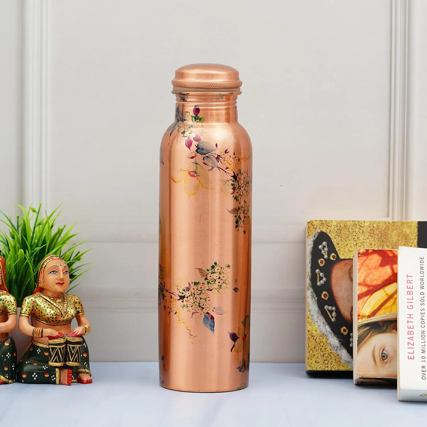 Craft Trade Floral Printed Pure Copper Bottle with Lid and Carry Bag for Drinking Water BPA Free Leak Proof Boosts Immunity, Supports Digestive & Liver Health, Ayurveda Inspired 34oz