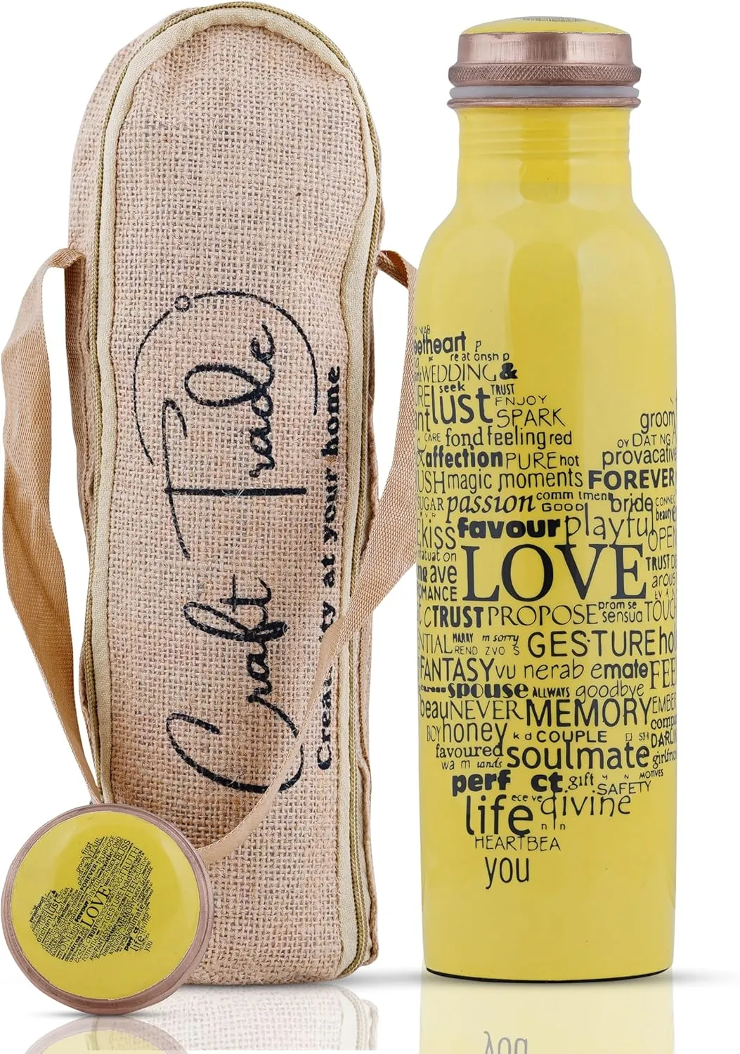 Craft Trade Printed Pure Copper Bottle with Lid and Carry Bag for Drinking Water BPA Free Leak Proof Boosts Immunity, Supports Digestive & Ayurveda Inspired 34oz - 1 Litre