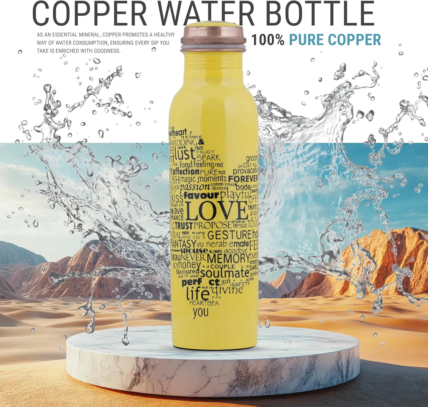 Craft Trade Printed Pure Copper Bottle with Lid and Carry Bag for Drinking Water BPA Free Leak Proof Boosts Immunity, Supports Digestive & Ayurveda Inspired 34oz - 1 Litre