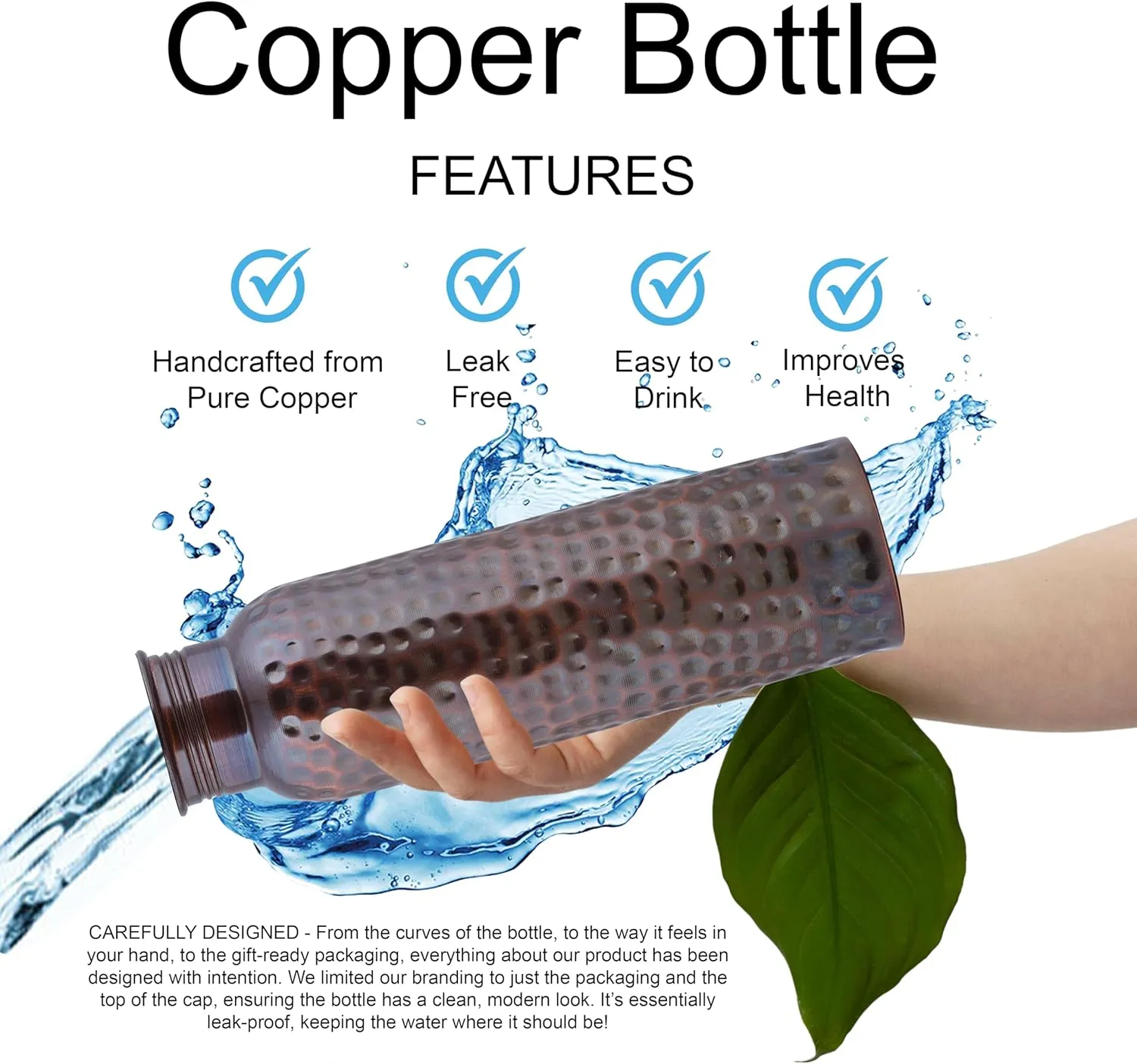 Craft Trade Pure Copper Bottle with Lid and Carry Bag for Drinking Water BPA Free Leak Proof Boosts Immunity, Supports Digestive & Liver Health, Ayurveda 34oz - 1 Litre Black