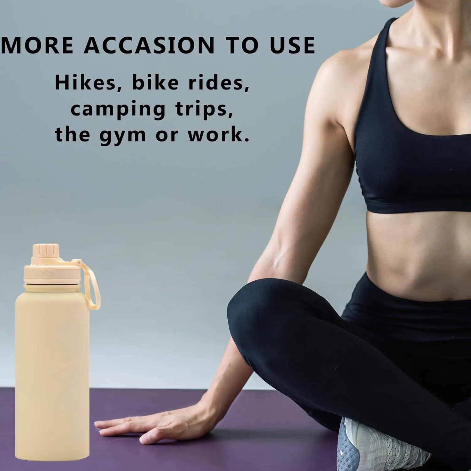 Cream 32 OZ Insulated Water Bottle, Large Metal Insulated Stainless Steel Water Flask, Big Sports Travel Water Bottle with 2 Lids, Insulated Thermal Mug Cup