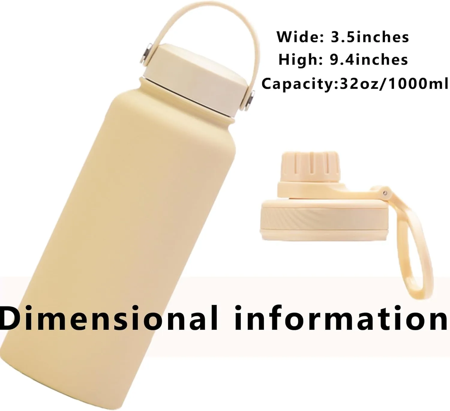 Cream 32 OZ Insulated Water Bottle, Large Metal Insulated Stainless Steel Water Flask, Big Sports Travel Water Bottle with 2 Lids, Insulated Thermal Mug Cup