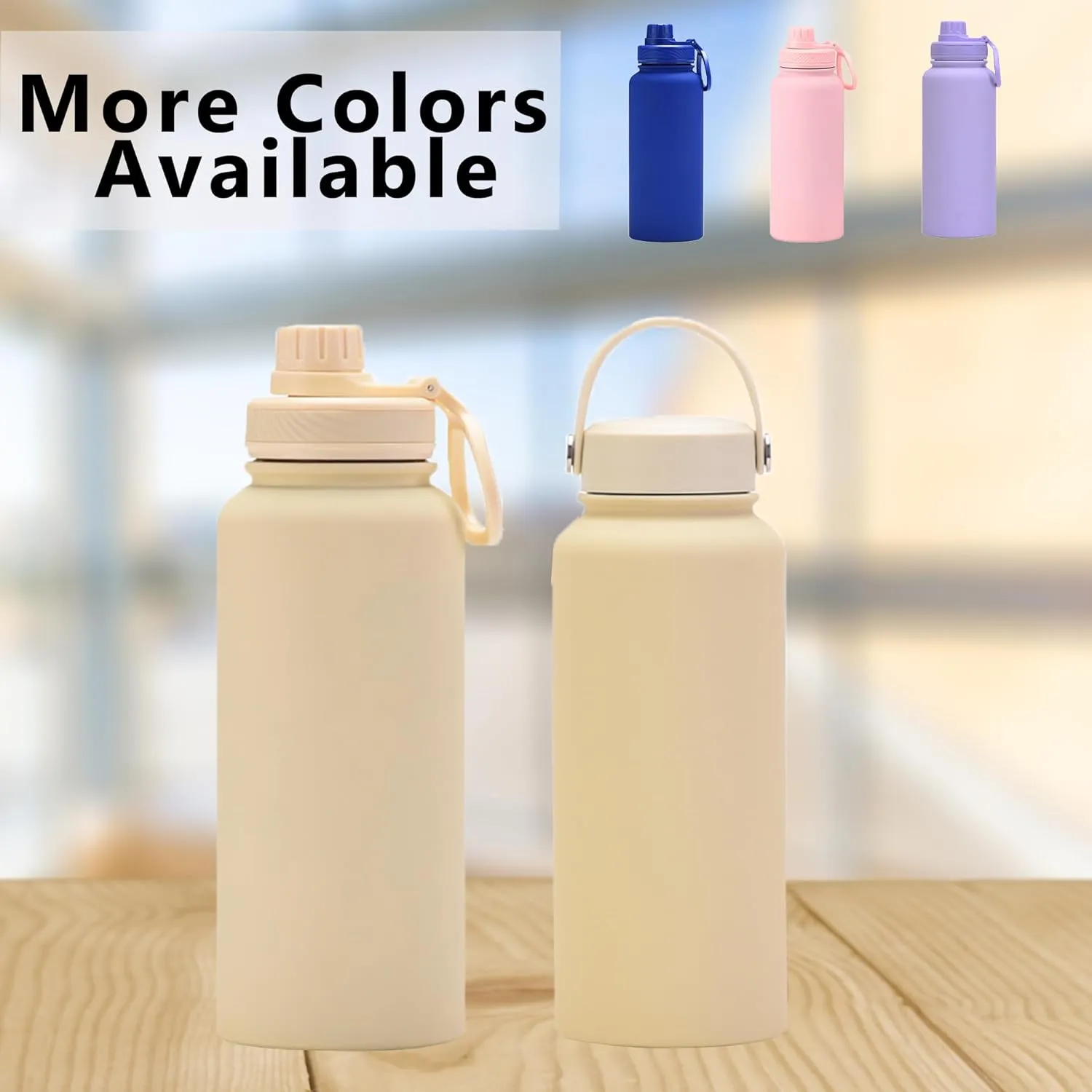Cream 32 OZ Insulated Water Bottle, Large Metal Insulated Stainless Steel Water Flask, Big Sports Travel Water Bottle with 2 Lids, Insulated Thermal Mug Cup