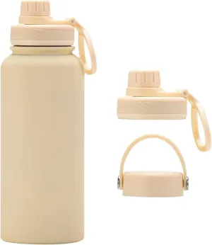 Cream 32 OZ Insulated Water Bottle, Large Metal Insulated Stainless Steel Water Flask, Big Sports Travel Water Bottle with 2 Lids, Insulated Thermal Mug Cup