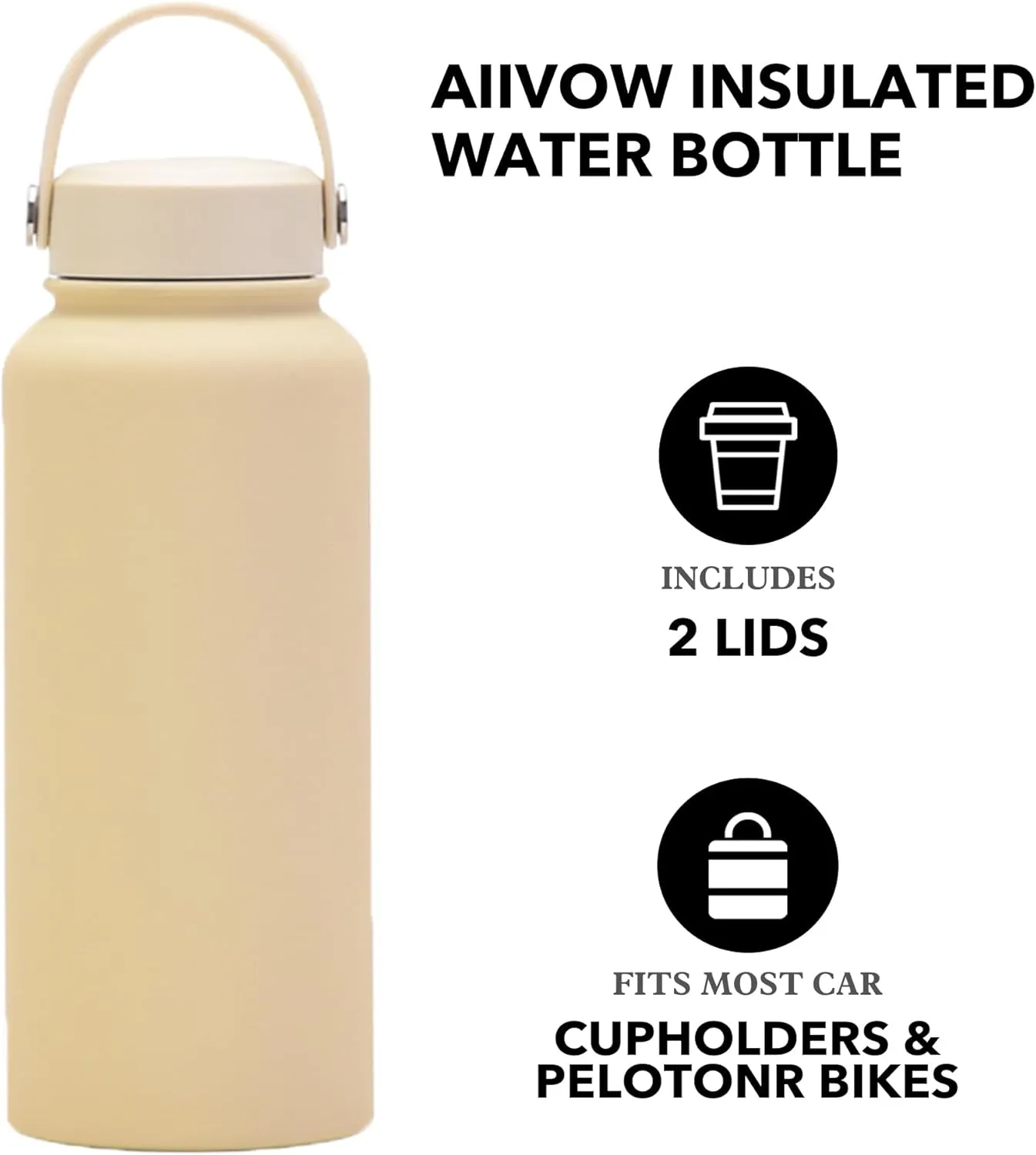 Cream 32 OZ Insulated Water Bottle, Large Metal Insulated Stainless Steel Water Flask, Big Sports Travel Water Bottle with 2 Lids, Insulated Thermal Mug Cup