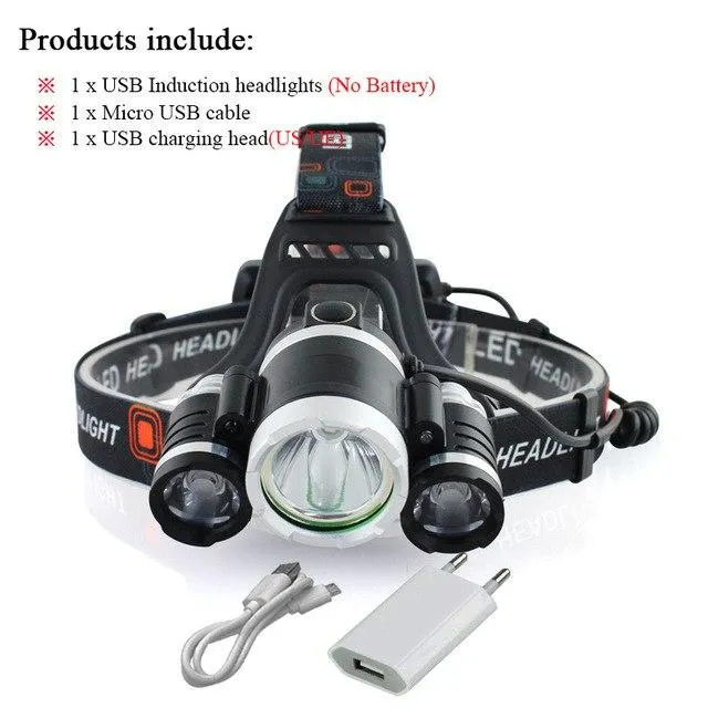 cree xml 3*T6 LED Headlamp Motion Sensor headlight Waterproof USB Lantern Headlamp 18650 Battery Fishing Camping torch hunting
