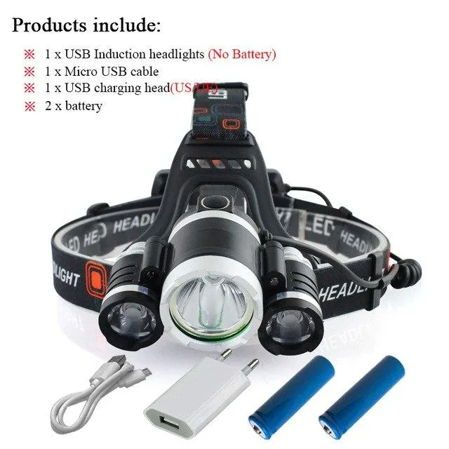 cree xml 3*T6 LED Headlamp Motion Sensor headlight Waterproof USB Lantern Headlamp 18650 Battery Fishing Camping torch hunting