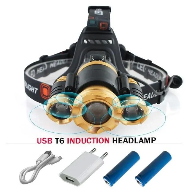 cree xml 3*T6 LED Headlamp Motion Sensor headlight Waterproof USB Lantern Headlamp 18650 Battery Fishing Camping torch hunting