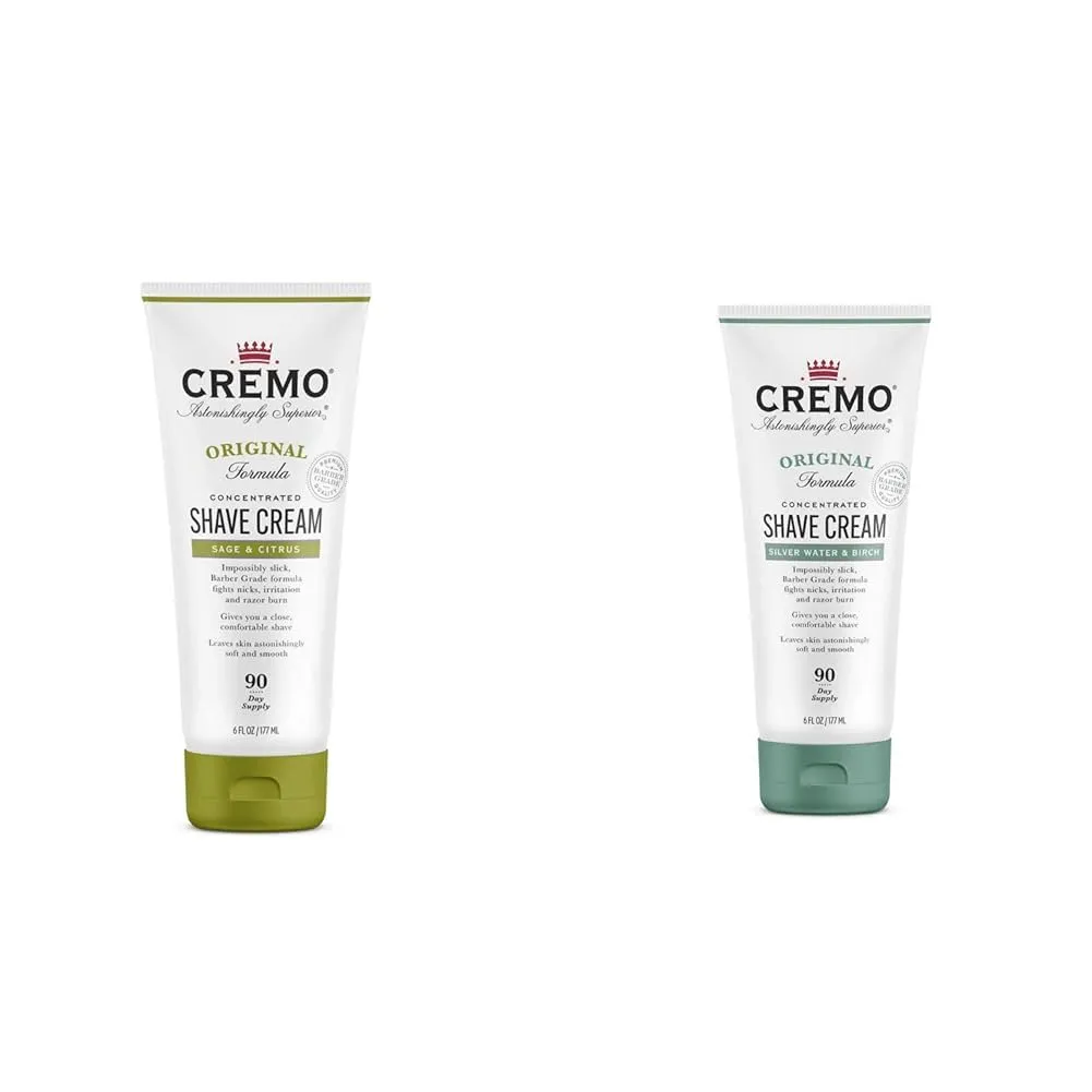 Cremo Barber Grade Sage & Citrus and Silver Water & Birch Shave Creams, Ultra-Slick Shaving Cream for Men, 6 Fl Oz Each
