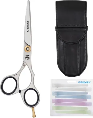 Cricket Centrix ZCON 5” Shears, Stainless Steel, Ultra Sharp Blade, Tension Knob, Relax Offset Handle, Shear Sheath, Ultra Clean Multi Colored Clips 8-PK, ($110.11 Value)