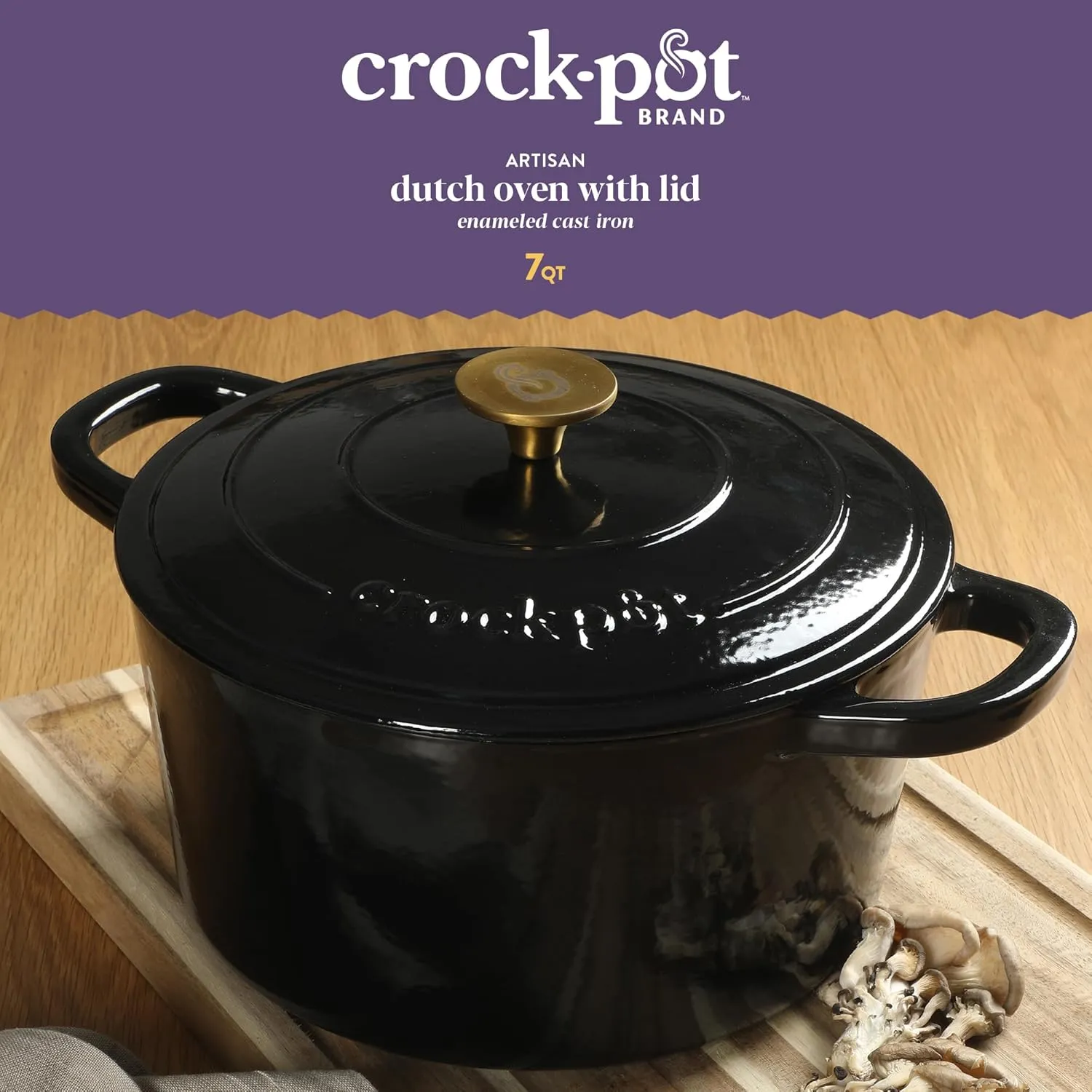 Crock Pot Artisan 7-Quart Round Cast Iron Dutch Oven With Lid - Black W/Gold Knob