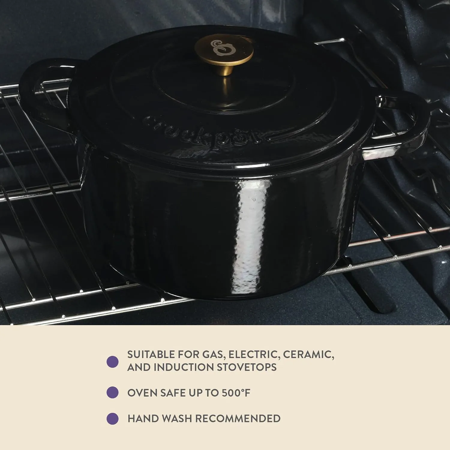 Crock Pot Artisan 7-Quart Round Cast Iron Dutch Oven With Lid - Black W/Gold Knob