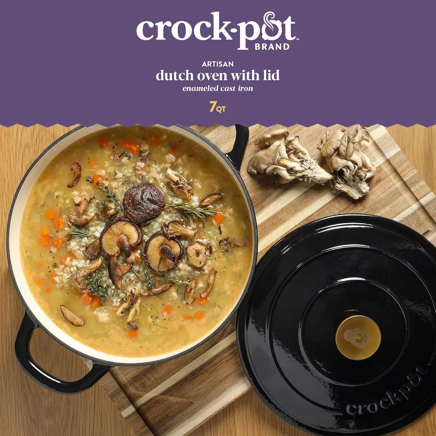 Crock Pot Artisan 7-Quart Round Cast Iron Dutch Oven With Lid - Black W/Gold Knob