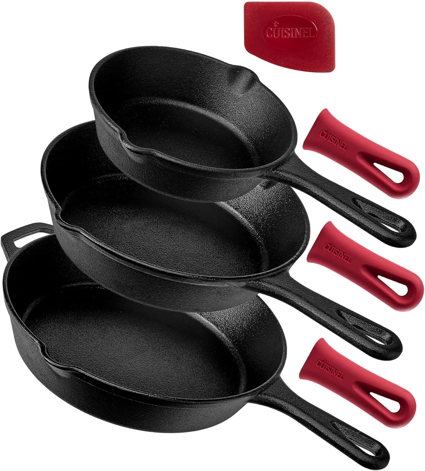 Cuisinel Cast Iron Skillet Set - 3-Piece: 6"   8"   10"-Inch Chef Frying Pans - Pre-Seasoned Oven Safe Cookware   3 Heat-Resistant Handle Covers - Indoor/Outdoor Use - Grill, Stovetop, BBQ, Fire Safe