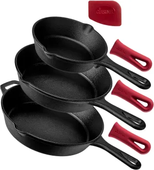 Cuisinel Cast Iron Skillet Set - 3-Piece: 6"   8"   10"-Inch Chef Frying Pans - Pre-Seasoned Oven Safe Cookware   3 Heat-Resistant Handle Covers - Indoor/Outdoor Use - Grill, Stovetop, BBQ, Fire Safe