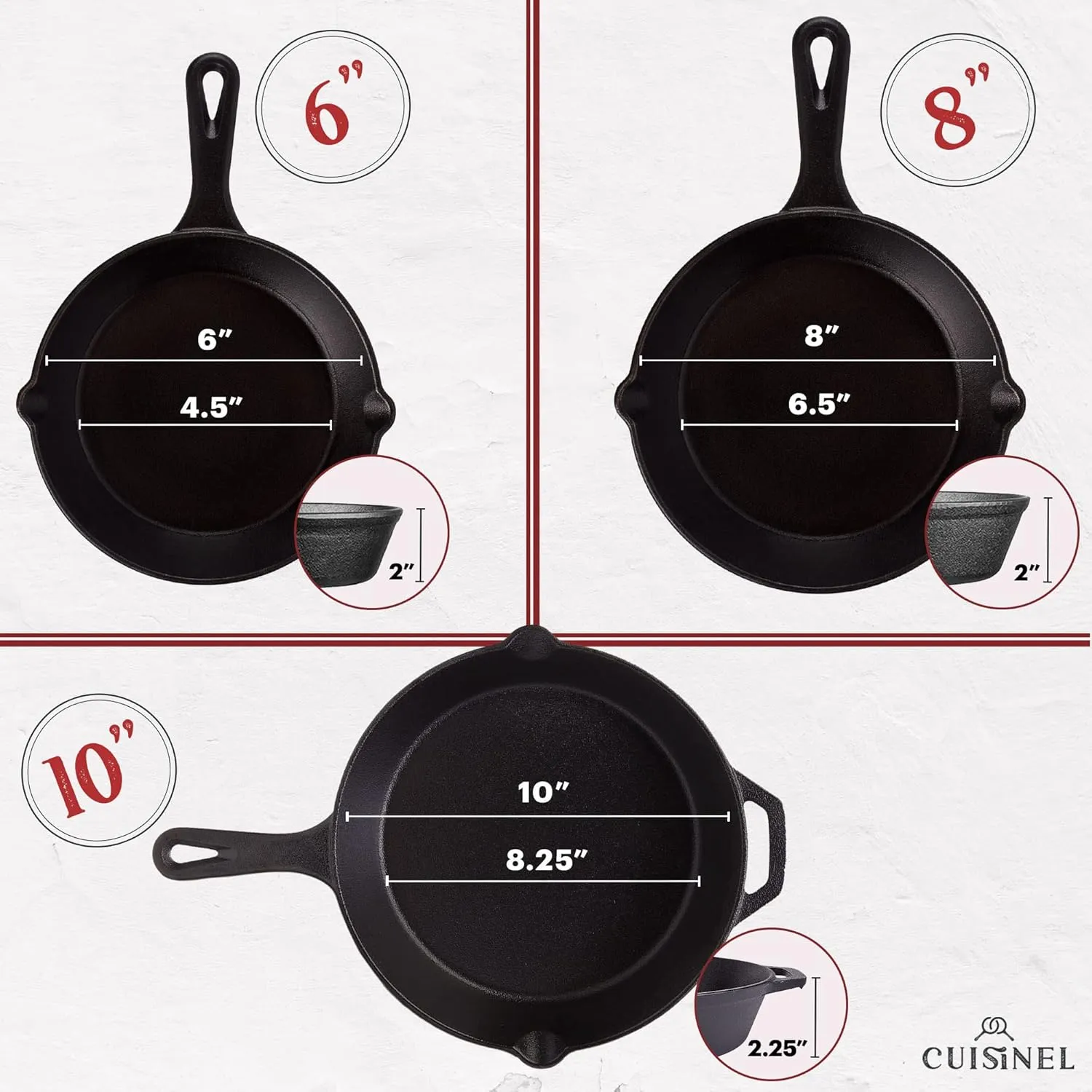 Cuisinel Cast Iron Skillet Set - 3-Piece: 6"   8"   10"-Inch Chef Frying Pans - Pre-Seasoned Oven Safe Cookware   3 Heat-Resistant Handle Covers - Indoor/Outdoor Use - Grill, Stovetop, BBQ, Fire Safe