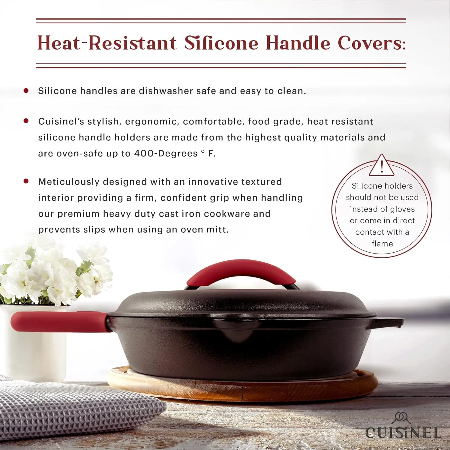 Cuisinel Cast Iron Skillet with Lid - 12"-inch Pre-Seasoned Covered Frying Pan Set   Silicone Handle & Lid Holders   Scraper/Cleaner - Indoor/Outdoor, Oven, Stovetop, Camping Fire, Grill Safe Cookware