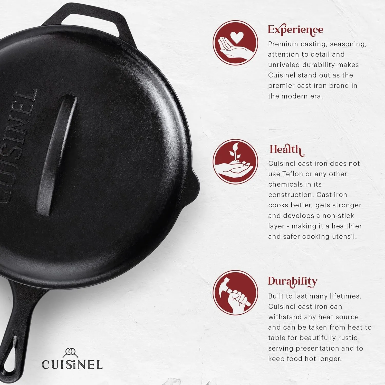 Cuisinel Cast Iron Skillet with Lid - 12"-inch Pre-Seasoned Covered Frying Pan Set   Silicone Handle & Lid Holders   Scraper/Cleaner - Indoor/Outdoor, Oven, Stovetop, Camping Fire, Grill Safe Cookware